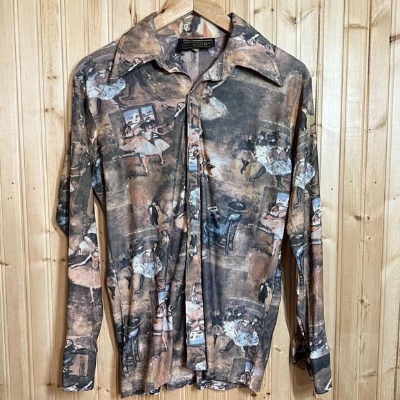 Revenge Other - VTG Disco Revenge Button Down Shirt AOP Picture Printed Thin Sheer Elastic Sz M
